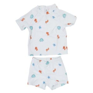 Vaikiškas dviejų dalių baltas maudymosi kostiumėlis su įvairiaspalviais raštais