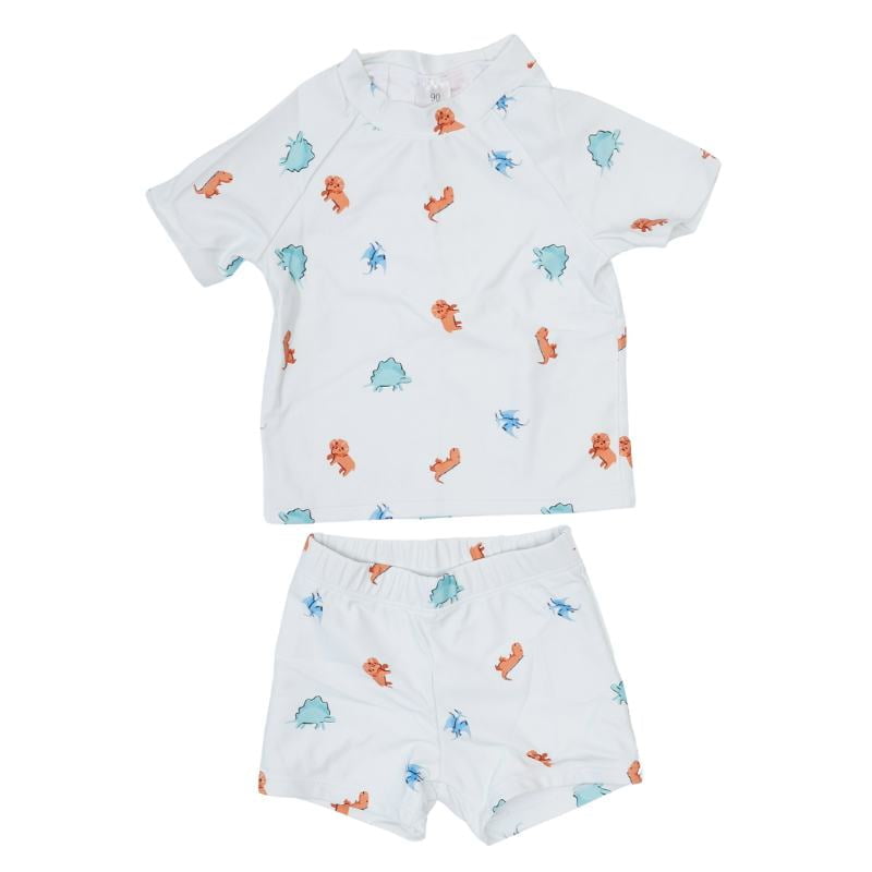 Vaikiškas dviejų dalių baltas maudymosi kostiumėlis su įvairiaspalviais raštais