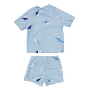 Vaikiškas dviejų dalių žydras maudymosi kostiumėlis su įvairiaspalviais raštais