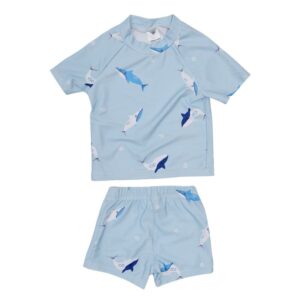 Vaikiškas dviejų dalių žydras maudymosi kostiumėlis su įvairiaspalviais raštais