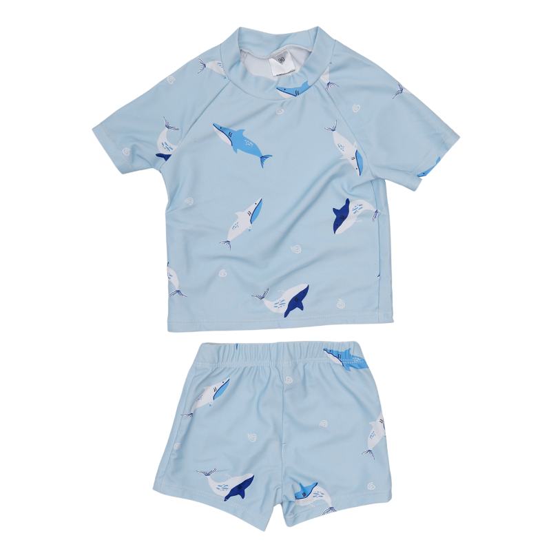 Vaikiškas dviejų dalių žydras maudymosi kostiumėlis su įvairiaspalviais raštais