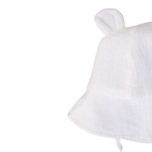 Kreminė vaikiška kepuraitė su ausytėmis ir raišteliais Kreminė 100% medvilnės vaikiška kepuraitė