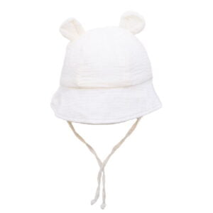 Kreminė vaikiška kepuraitė su ausytėmis ir raišteliais Kreminė 100% medvilnės vaikiška kepuraitė