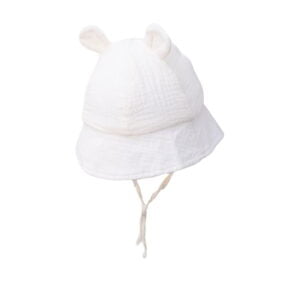 Kreminė vaikiška kepuraitė su ausytėmis ir raišteliais Kreminė 100% medvilnės vaikiška kepuraitė