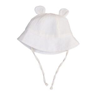 Kreminė vaikiška kepuraitė su ausytėmis ir raišteliais Kreminė 100% medvilnės vaikiška kepuraitė