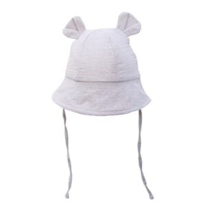 Pilka vaikiška kepuraitė su ausytėmis ir raišteliais Pilka 100% medvilnės vaikiška kepuraitė