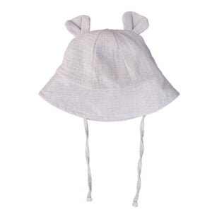 Pilka vaikiška kepuraitė su ausytėmis ir raišteliais Pilka 100% medvilnės vaikiška kepuraitė