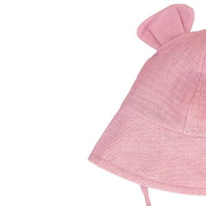 Rožinė vaikiška kepuraitė su ausytėmis ir raišteliais Rožinė 100% medvilnės vaikiška kepuraitė