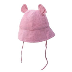 Rožinė vaikiška kepuraitė su ausytėmis ir raišteliais Rožinė 100% medvilnės vaikiška kepuraitė