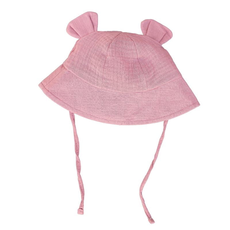 Rožinė vaikiška kepuraitė su ausytėmis ir raišteliais Rožinė 100% medvilnės vaikiška kepuraitė