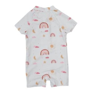 Vaikiškas vientisas baltas maudymosi kostiumėlis su įvairiaspalviais raštais