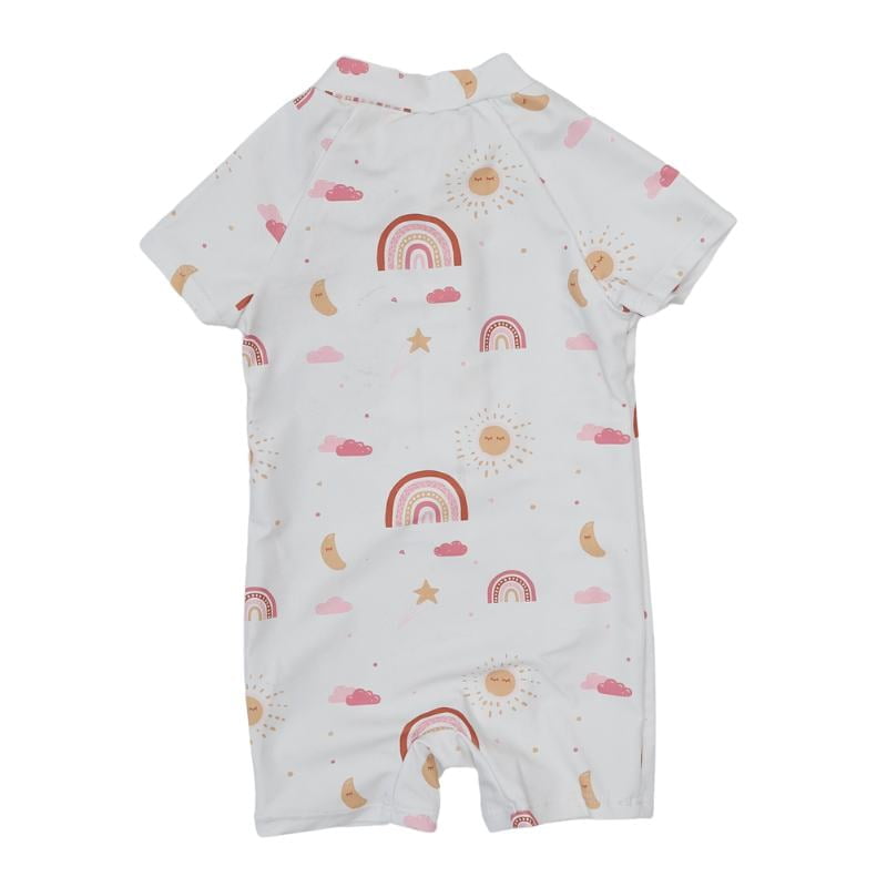 Vaikiškas vientisas baltas maudymosi kostiumėlis su įvairiaspalviais raštais