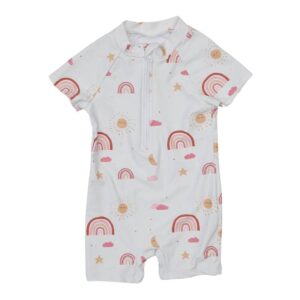 Vaikiškas vientisas baltas maudymosi kostiumėlis su įvairiaspalviais raštais