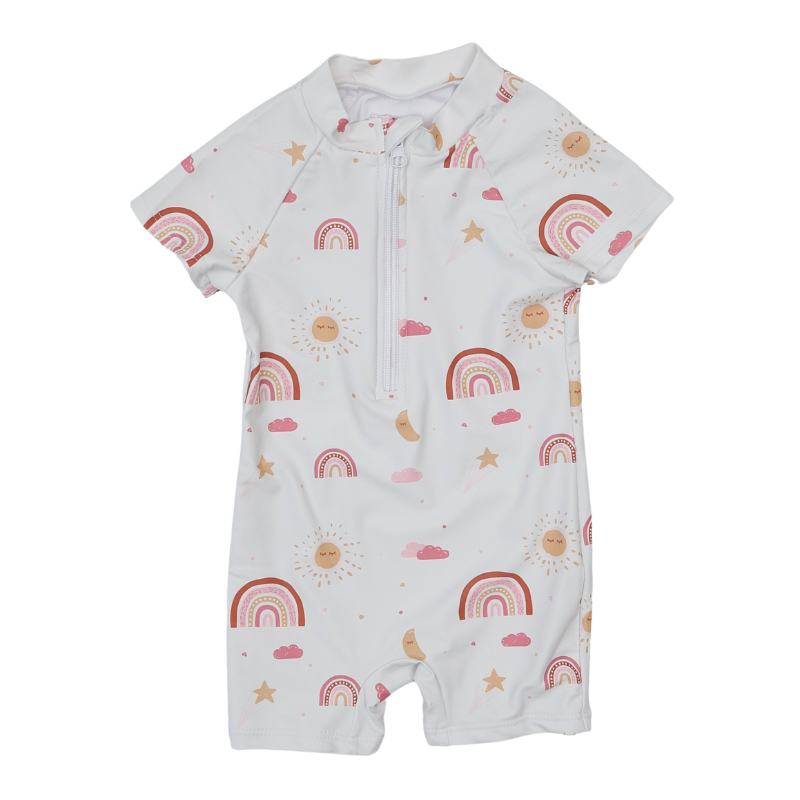 Vaikiškas vientisas baltas maudymosi kostiumėlis su įvairiaspalviais raštais