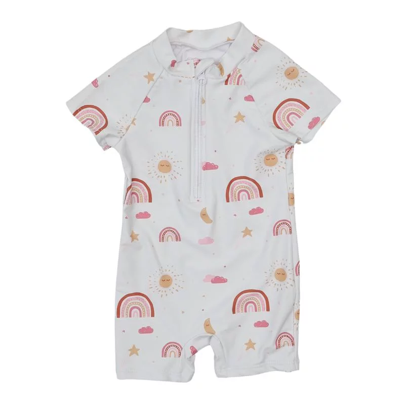 Vaikiškas vientisas baltas maudymosi kostiumėlis su įvairiaspalviais raštais