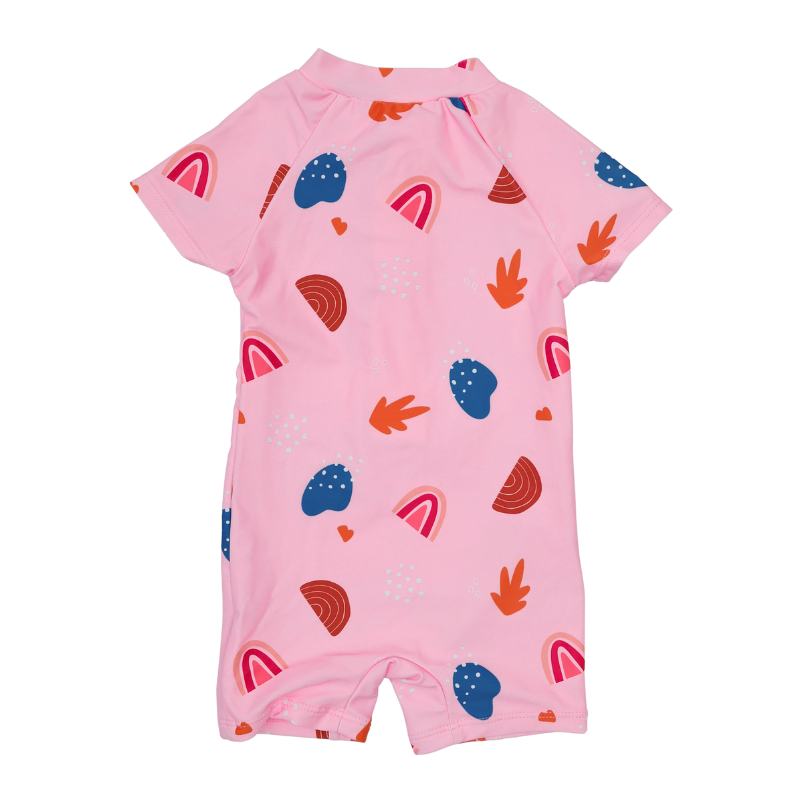 Vaikiškas vientisas rožinis maudymosi kostiumėlis su įvairiaspalviais raštais