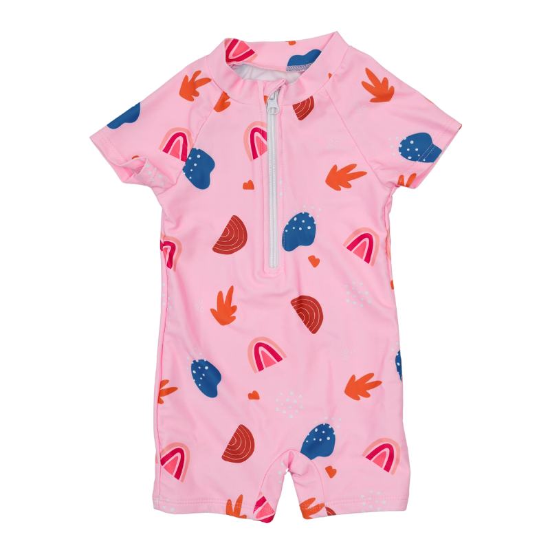 Vaikiškas vientisas rožinis maudymosi kostiumėlis su įvairiaspalviais raštais