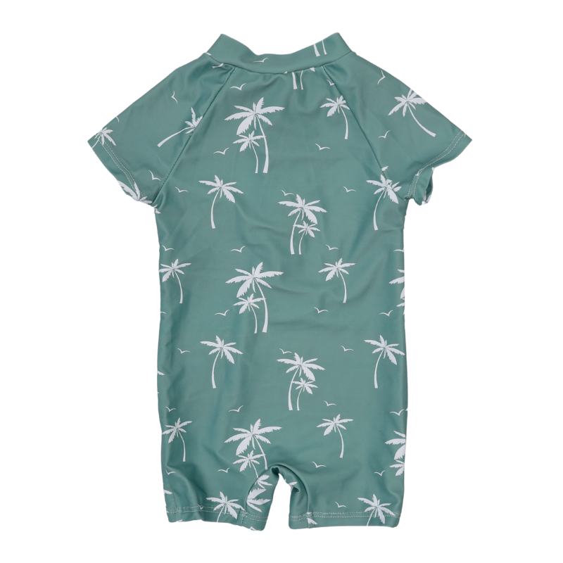 Vaikiškas vientisas žalias maudymosi kostiumėlis su baltais palmių raštais