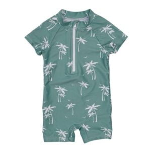 Vaikiškas vientisas žalias maudymosi kostiumėlis su baltais palmių raštais